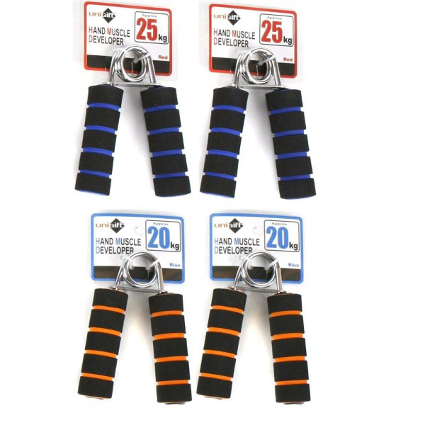 4er Set Handtrainer, orange und blau, 20 + 25 Kg - Federgriffhantel, Handmuskeltrainer, Fingerhantel