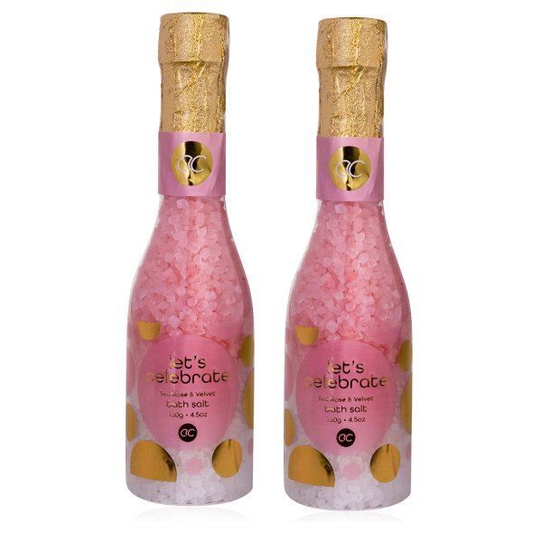 Badesalz rosa „Lets Celebrate", 2er Set - Badezusatz Sektflasche, Badekristalle rosa, Wellness Geschenk