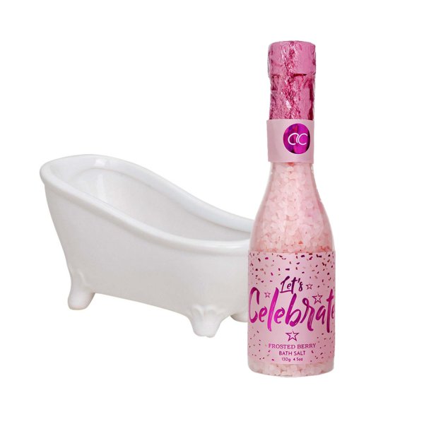 Badesalz rosa „Celebration" in Keramik Badewanne - Badezusatz Sektflasche, Badekristalle rosa, Welln