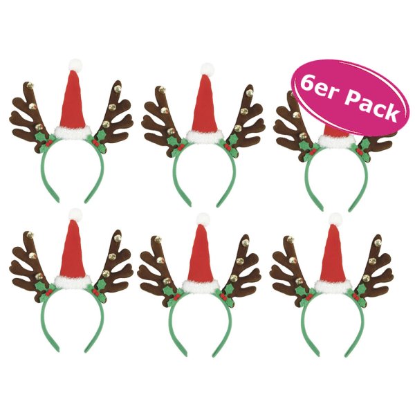 Haarreif Rentier mit Glöckchen, 6er Set - Haarschmuck, Weihnachtsfeier