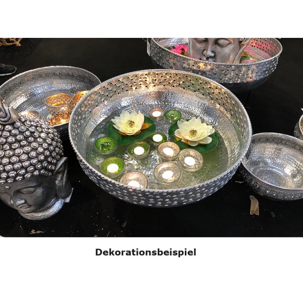 Alu Dekoschale, gehmmert mit Ornamente - Schale Orient silber, Kerzentablett, Dekotablett, Dekoscha