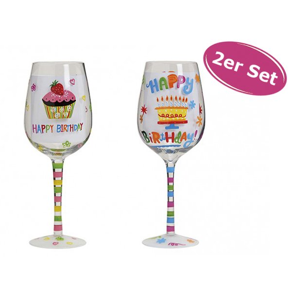 Weinglas Happy Birthday, 2er Set - Geburtstags Glas, Weinkelch, Geburtstagsgeschenk