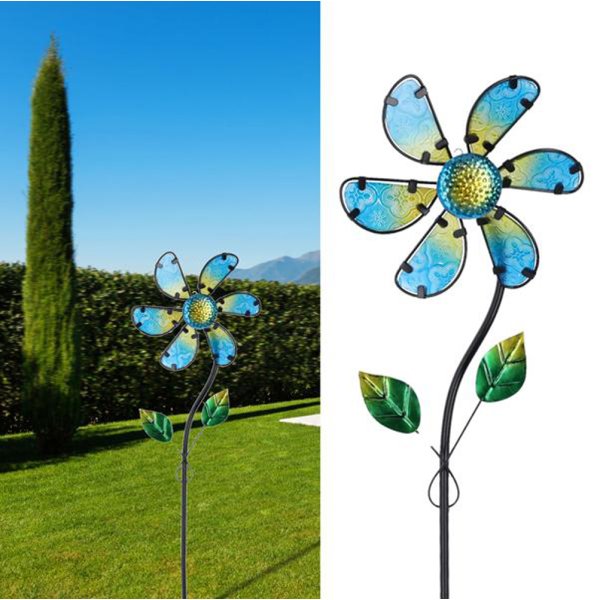 Windrad Blume blau, gelb H:92 cm -  Gartenstecker, Gartendekoration, Metallwindrad, Garten Deko