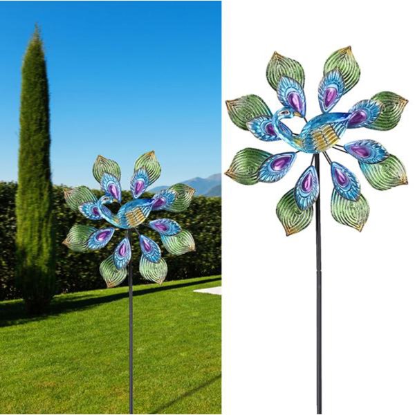 Doppel Windrad Pfau H:132 cm - Gartenstecker, Gartendekoration, Metallwindrad, Garten Deko