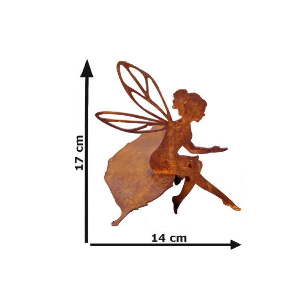 Dekofigur Fee sitzend auf Blatt im Rost Design, Rostfigur für den Garten, Gartendeko, Metalldeko