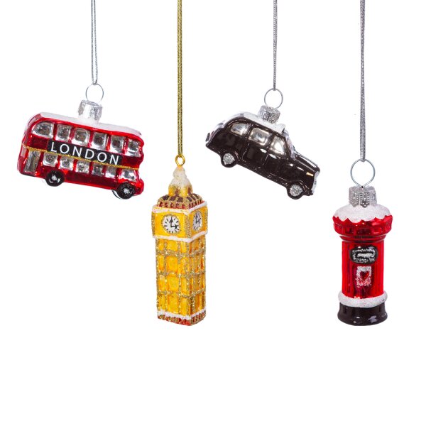 Baumschmuck London, 4er Set - England Baumkugel, Great Britain Weihnachtsdeko, Christbaumkugel