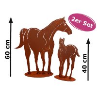 Dekofigur im Rost Design Pferd mit Fohlen, 2er Set - Rostfigur für den Garten, Geschenk für Reiter