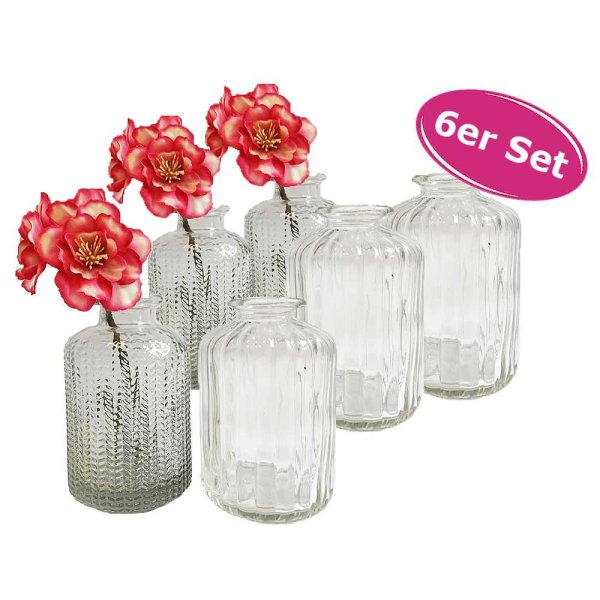 6er Set Glasflaschen Jazz klar - kleine Vase, Tischdekoration, Glasvasen, Landhaus