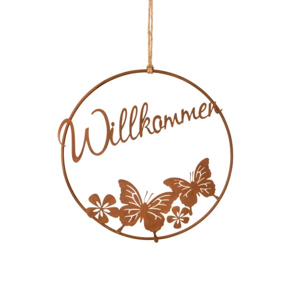 Hänger Schriftzug Willkommen mit Schmetterling im Rost Design - Hängedeko, Rostdeko, Türdeko, Türkranz, Rostfigur