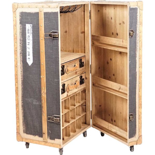 Bar Koffer Schrankkoffer im Vintage Look, Stoff - Kofferschrank, Barschrank, Barkoffe