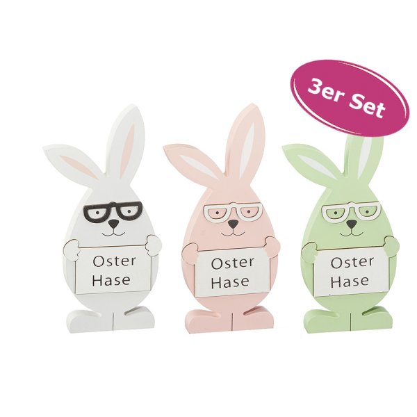 Hasen Figur Frohe Ostern mit Brille aus Holz H: 15 cm, 3er Set - Frühlingsdeko, Osterdeko