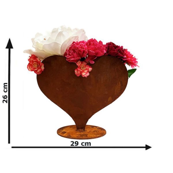 Blumenvase Herz im Rost Design H: 26 cm, Rostfigur für den Garten, Gartendeko, Metalldeko