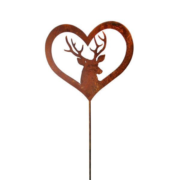Gartenstecker im Rost Design Hirsch im Herz mit Stab - Rostfigur für den Garten, Dekofigur