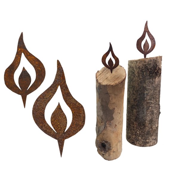 2er Set Kerzenflamme mit Spieß, H: 10 cm +15 cm, Rostdeko, Rost Flamme, Deko Brennholz, Advent