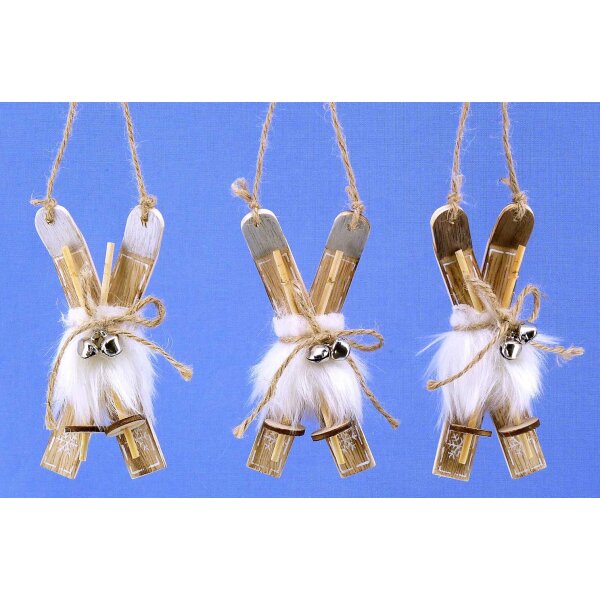 3er Set Ski mit Fell-Deko und Glöckchen zum Hängen - Deko Ski, Winterdeko, Deko Skihütte, Baumschmuck