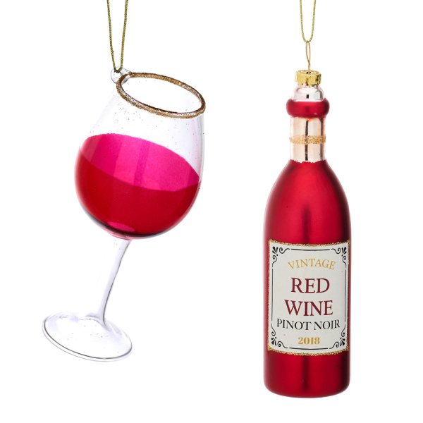 Baumschmuck Rotwein 2er Set - Weinflasche & Wein Glas, Baumkugel, Weihnachtsdeko, Christbaumkugel