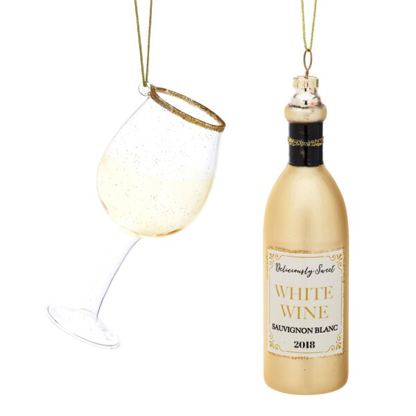 Baumschmuck Weißwein 2er Set - Weinflasche & Weinglas, Baumkugel Wein Glas Flasche, Weihnachtsdeko, Christbaumkugel