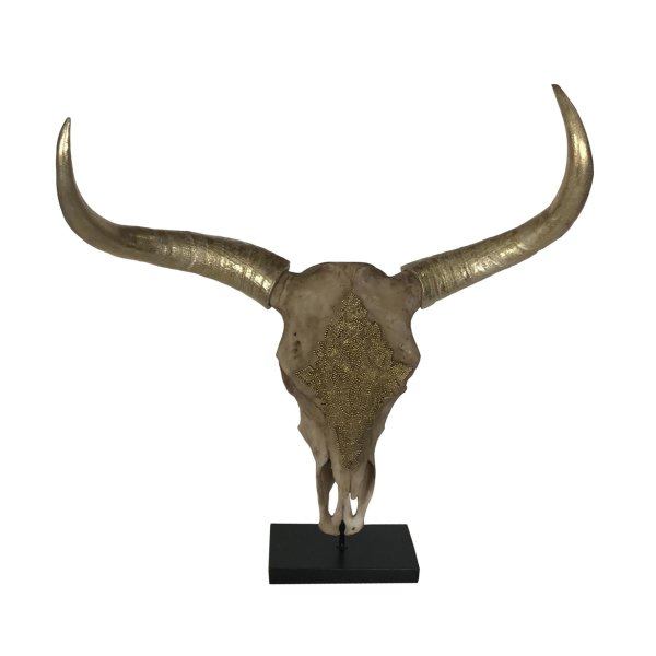 Bullenschädel / Stierkopf gold auf Standfuß (Skulptur mit Hörnern) Büffelschädel