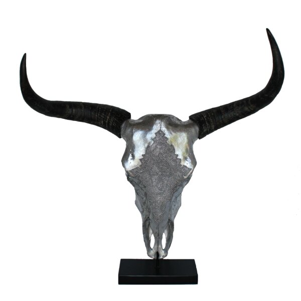 Bullenschädel / Stierkopf silber auf Standfuß (Skulptur mit Hörnern) - Büffelschädel, Deko Büste