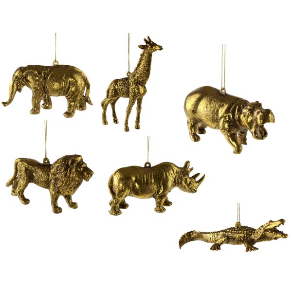 Hänger Safari Tiere gold (6er Set) - Baumschmuck Afrika Tiere, Baumkugel, Weihnachtsdeko, Christbaumkugel