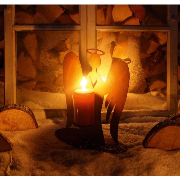 Rost Engel mit Kerzenhalter H: 32 cm - Rostfigur, Gartendeko, Weihnachtsdeko