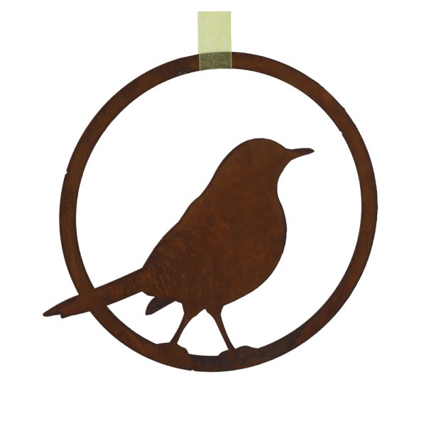 Dekofigur im Rost Design Vogel im Ring, Amsel zum Hängen - Rostfigur für den Garten, Gartendeko