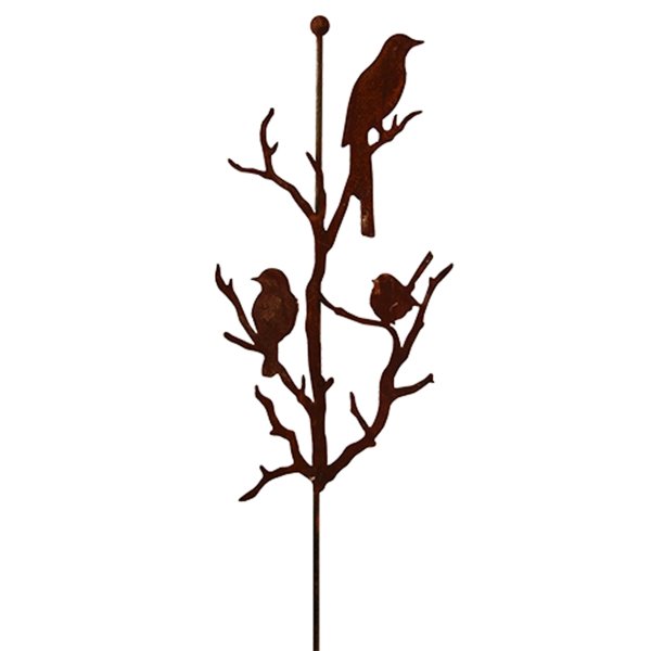 Gartenstecker Vögel auf Ästen an Stab mit Kugel im Rost Design, H: 120 cm - Rostfigur für den Garten, Gartendeko