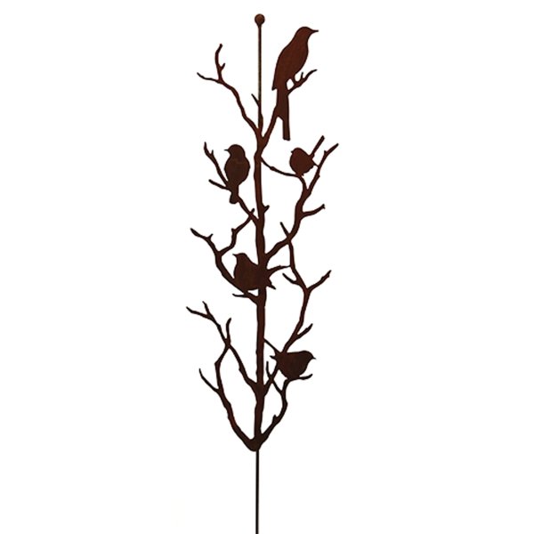 Gartenstecker Vögel auf Ästen an Stab mit Kugel im Rost Design, H: 150 cm - Rostfigur für den Garten, Gartendeko
