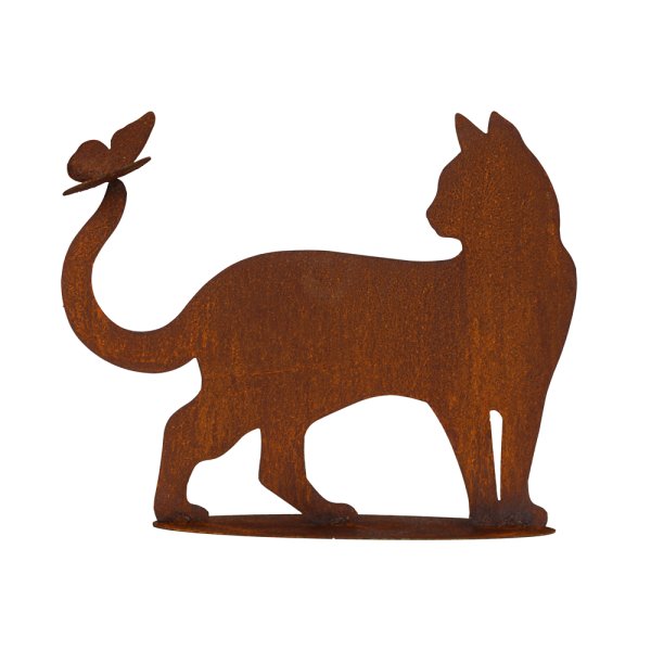 Dekofigur Katze gehend mit Schmetterling auf dem Schwanz mit Standplatte im Rost Design, Rostfigur für den Garten