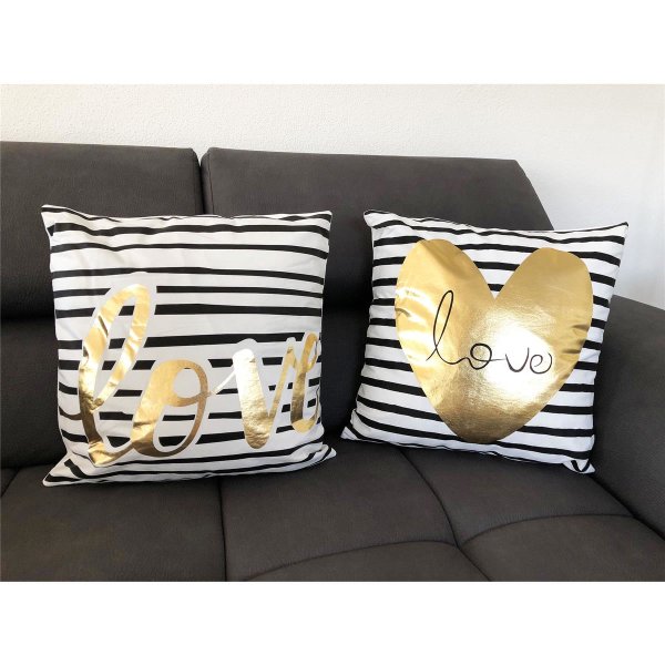 Deko Kissen, gold "Love“ 45x45cm, 2er Set - Sofakissen, Dekokissen, Zierkissen