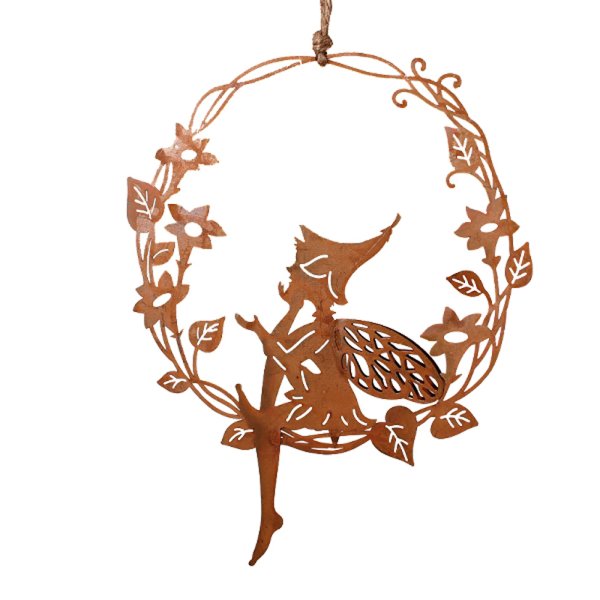 Dekofigur im Rost Design Elfe im Kranz zum Hängen, 26 cm - Rostfigur für den Garten, Gartendeko