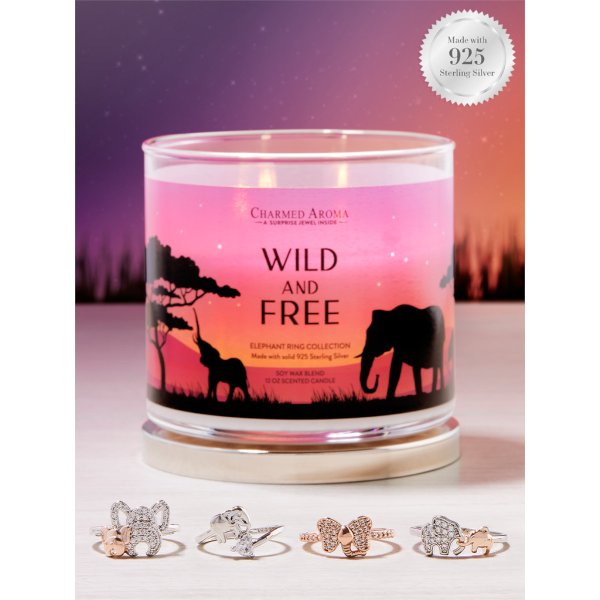 Duftkerze mit Ring Wild & Free von Charmed Aroma, Kerze mit Schmuck (Elefant)