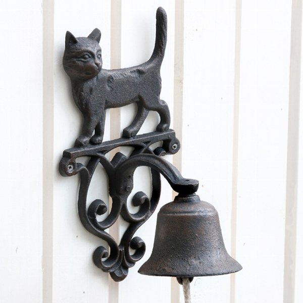 Glocke Katze aus Gusseisen für Wandmontage, antik schwarz - Klingel, Wand Deko, Terrasse Deko, Haustür, Garten Deko