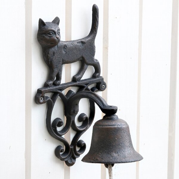 Glocke Katze aus Gusseisen für Wandmontage, antik schwarzbraun - Klingel, Wand Deko, Terrasse Deko, Haustür, Garten Deko