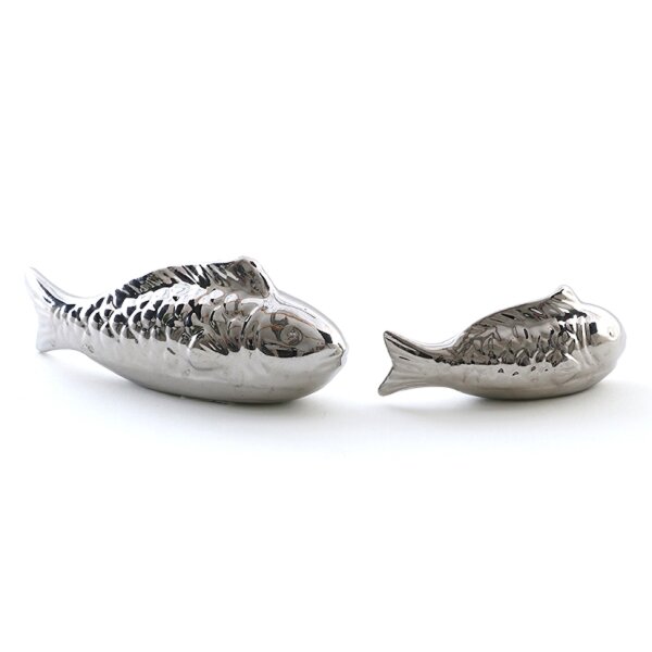 Fisch silber 11 & 15,5 cm (2er Set)  aus Porzellan schwimmend für Schwimmschale, als Teich Deko, Deko für Vogeltränke etc. - Fische, Schwimmtiere