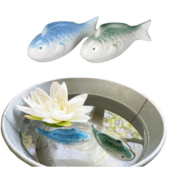 Fische blau, grün 10 cm aus Porzellan schwimmend 2er Set für Schwimmschale, als Teich Deko, Deko für Vogeltränke etc. - Fisch, Schwimmtiere