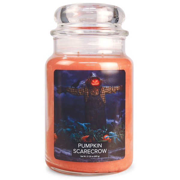 Village Candle Duftkerze im Glas (groß) Pumpkin Scarecrow - Fantasy Edition Halloween- Kerze mit 2-Docht Technologie