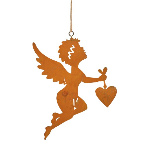 Dekofigur im Rost Design Engel mit Herz zum Hängen, 17 cm - Rostfigur für den Garten, Gartendeko