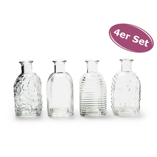Glasflasche Frida (4er Set) - kleine Vase, Tischdekoration, Glasvasen, Landhaus Deko, Hochzeit