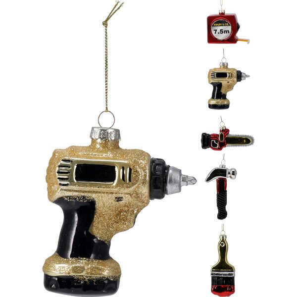 Baumschmuck Werkzeug 5er Set (Akkubohrer, Säge, Hammer, Pinsel, Maßband ) - Baumdeko für Männer und Handwerker, Weihnachtsdeko, Christbaumschmuck, Weihnachten