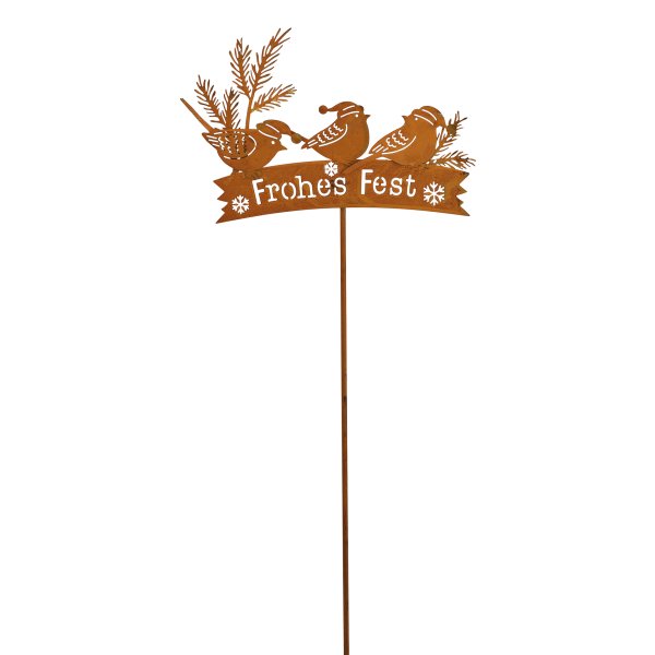 Gartenstecker Vogel im Winter mit Schriftzug Frohes Fest - Rostfigur für den Garten, Dekofigur, Weihnachten