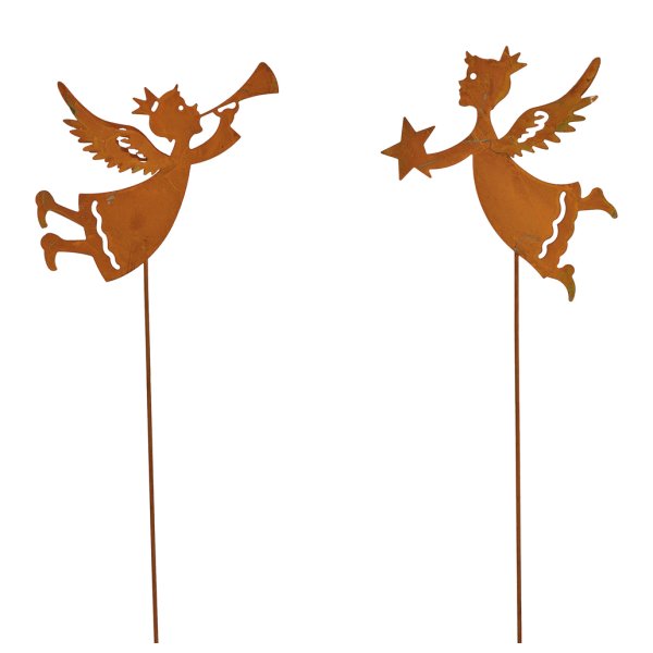 Blumenstecker Engel fliegend auf Stab (2er Set) im Rost Design - Rostfigur für den Garten, Gartendeko, Gartenstecker, Advent, Weihnachten