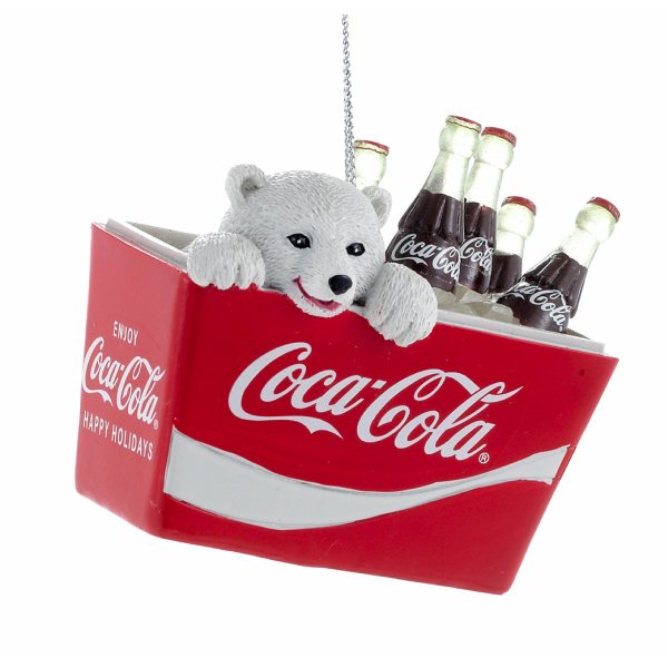 Baumschmuck Coca Cola Eisbär Junges in Kühlbox - Baumkugel, Weihnachtsdeko, Christbaumkugel