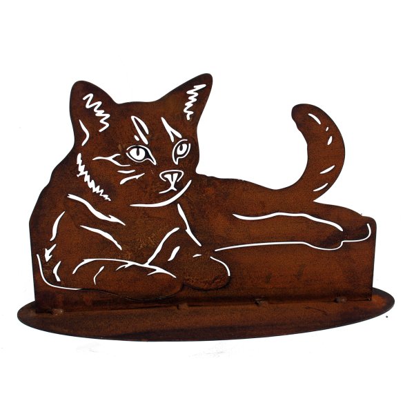 Rostfigur Katze liegend auf Platte - Dekofigur im Rost Design für den Garten, Gartendeko