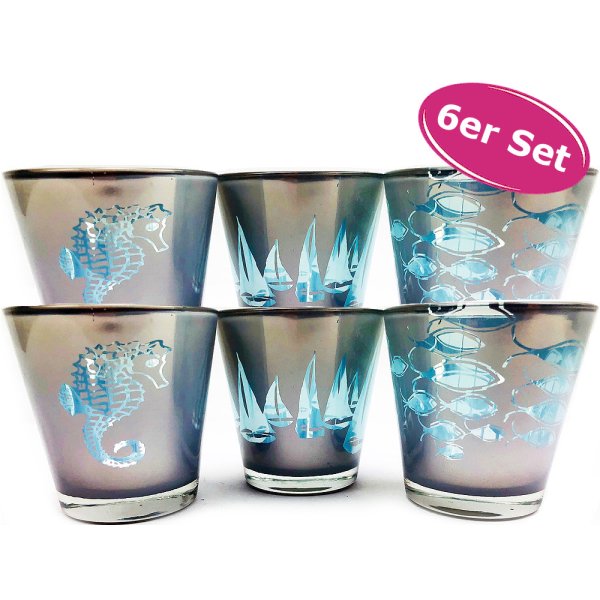Teelichtglas Maritim 6er Set - Windlicht, Kerzenglas, Teelichthalter, Motivglas