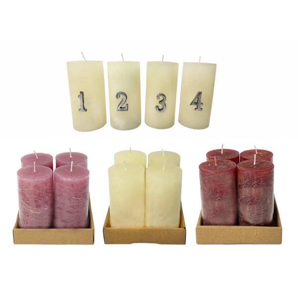 Stumpenkerze, durchgefärbt (4er Set) H: 10 cm, Kerze für Adventskranz (versch. Farben)