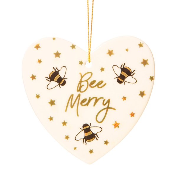 Geschenkanhänger Keramik Herz mit Bienen und Spruch Bee Merry - Herz Anhänger, Aufhänger, Biene, Dankeschön Geschenk, Deko, Imker