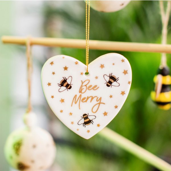 Geschenkanhänger Keramik Herz mit Bienen und Spruch Bee Merry - Herz Anhänger, Aufhänger, Biene, Dankeschön Geschenk, Deko, Imker