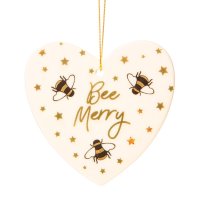 Geschenkanhänger Keramik Herz mit Bienen und Spruch "Bee Merry" - Herz Anhänger, Aufhänger, Biene, Dankeschön Geschenk, Deko, Imker