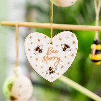 Geschenkanhänger Keramik Herz mit Bienen und Spruch "Bee Merry" - Herz Anhänger, Aufhänger, Biene, Dankeschön Geschenk, Deko, Imker